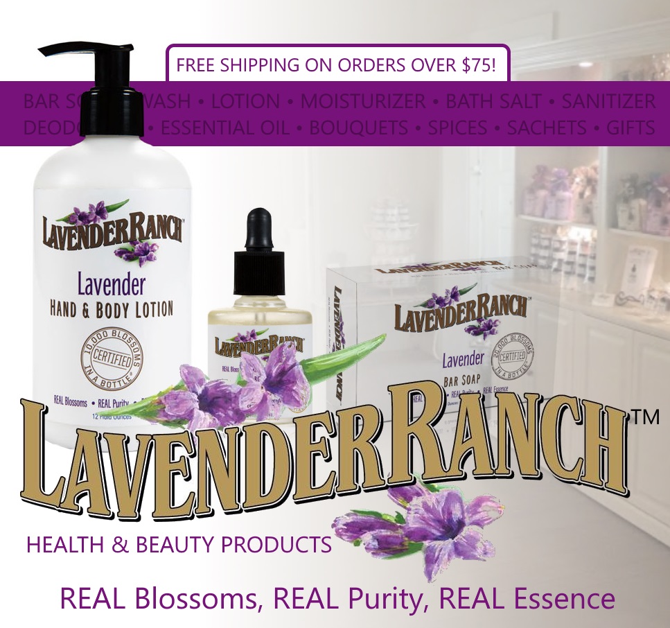 Real Blossoms, Real Purity, Real Essence. Lavender Ranch™ uses all natural and safe ingredients within their beauty and health products. Find body soaps, liquid washes, lotions, essential oils, moisturizers, bath salts, lavender blossoms, sugar, salt, bouquets and more.  All natural ingredients and 100% Certified Organic. Grown, harvested, and distilled by Lavender Ranch in Bayliss California.
